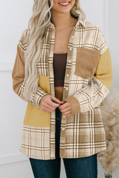 Plaid Color Block Patchwork Shirt Jacket With Pocket